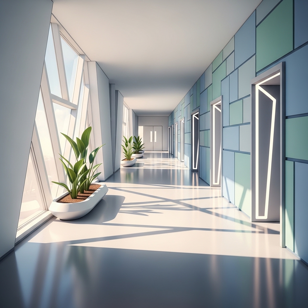 Sunny, clean, hopeful hospital corridor.